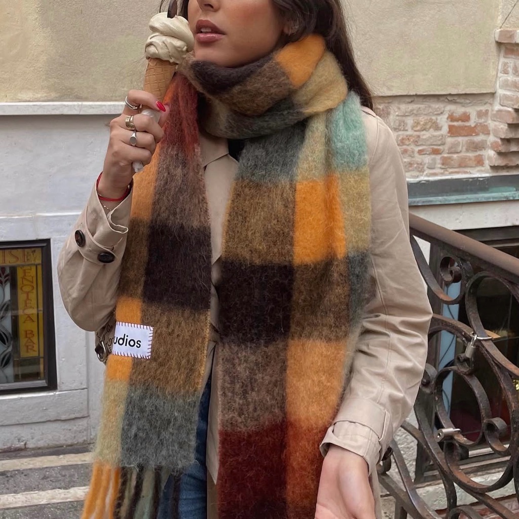 Acne Studios Mohair Checked Scarf || In Chestnut Brown/Yellow/Green